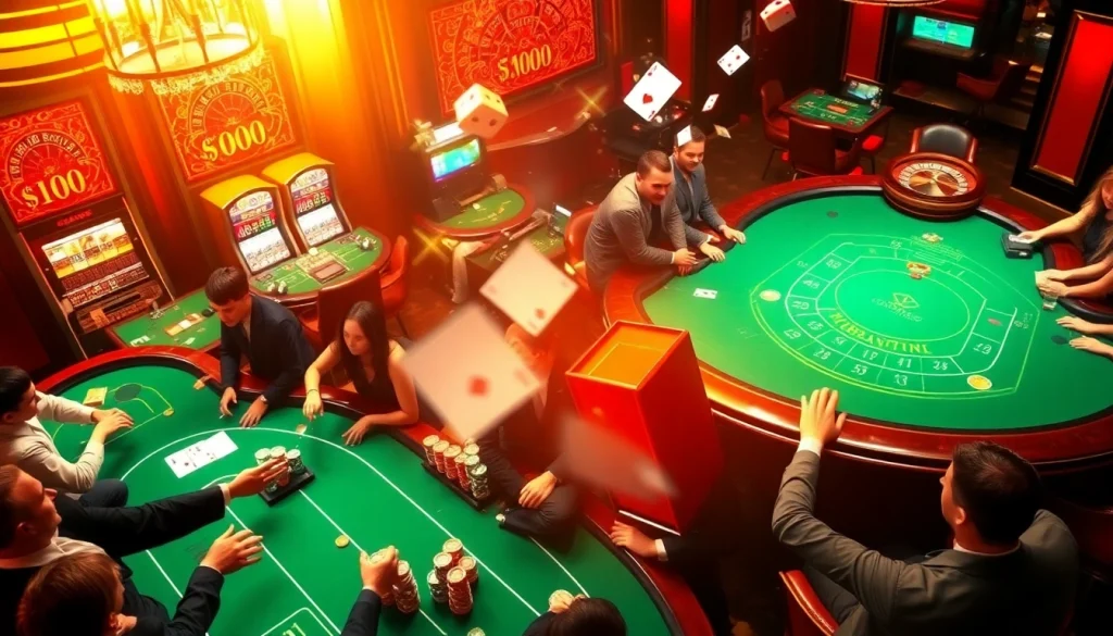 Engage in a thrilling gaming experience at https://mmoo.uk.net/ showcasing players at casino tables surrounded by vibrant slot machines and roulette wheels.