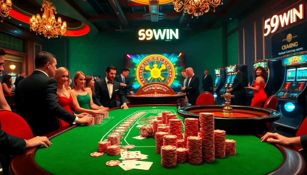Experience the thrill of 69WIN at a lavish casino poker table with vibrant chips and high-stakes action.