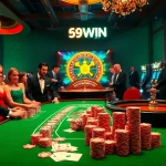 Experience the thrill of 69WIN at a lavish casino poker table with vibrant chips and high-stakes action.
