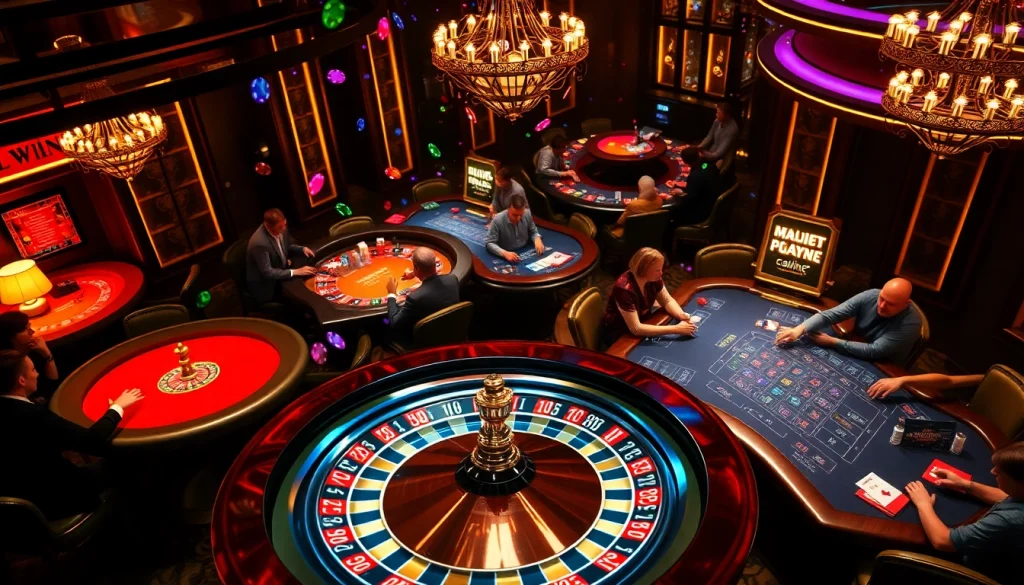 Players enjoying a thrilling night at the iwin club's vibrant poker table with spinning roulette.