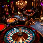 Players enjoying a thrilling night at the iwin club's vibrant poker table with spinning roulette.