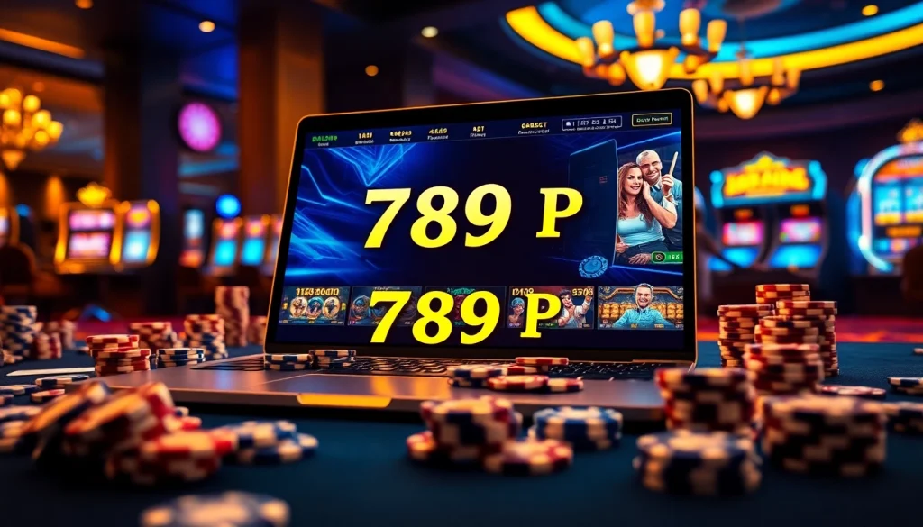 Engage with 789 P in an exciting online casino scene featuring vibrant slot machines and poker chips.