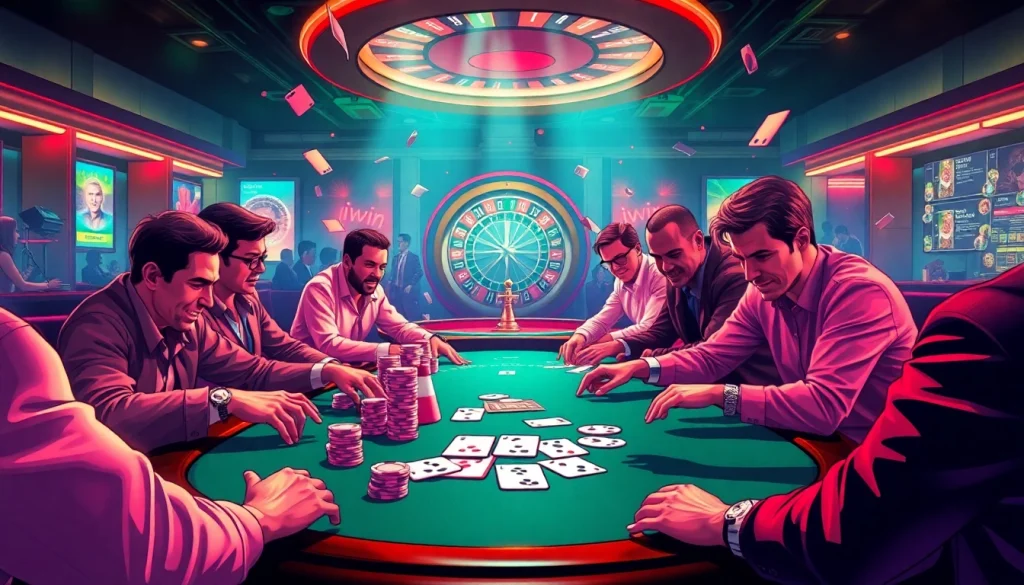 iwin club players focusing intensely on a high-stakes poker game with chips and cards.