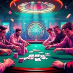 iwin club players focusing intensely on a high-stakes poker game with chips and cards.