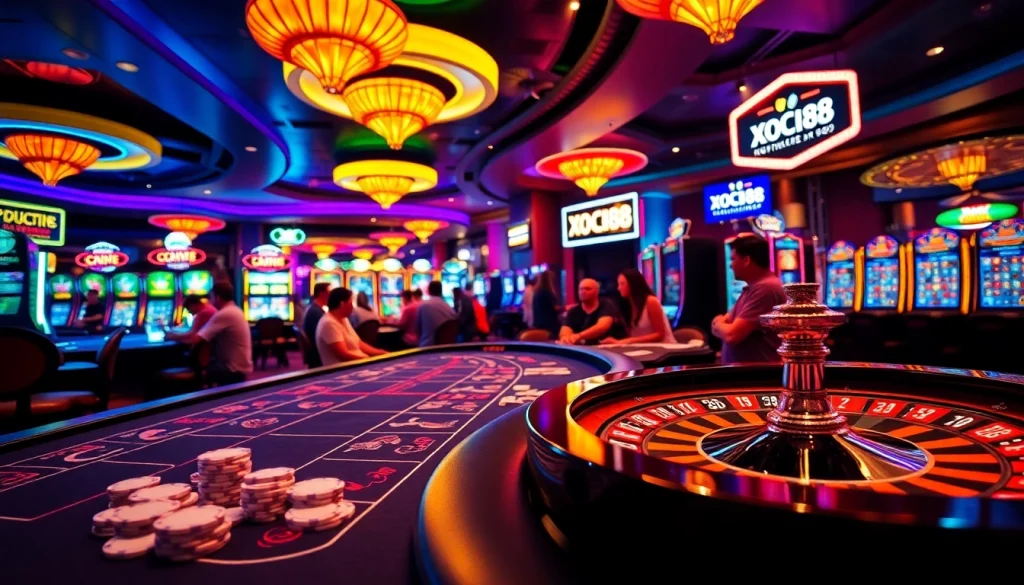 Experience xocdia88's thrilling casino atmosphere with vibrant poker tables and slot machines.