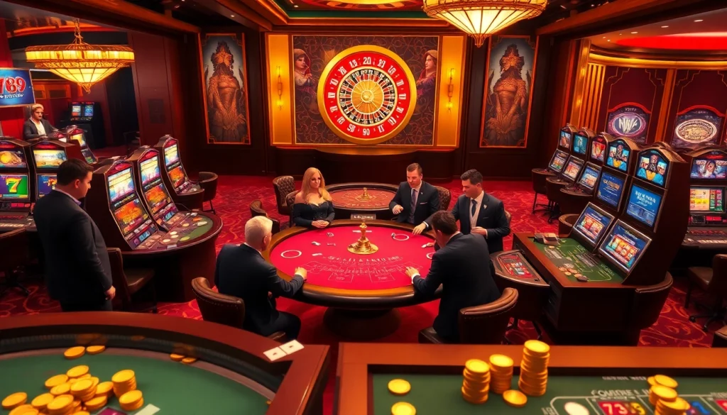 A thrilling scene at the 789 club showcases players enthusiastically betting at various casino tables, highlighting the excitement of gambling.