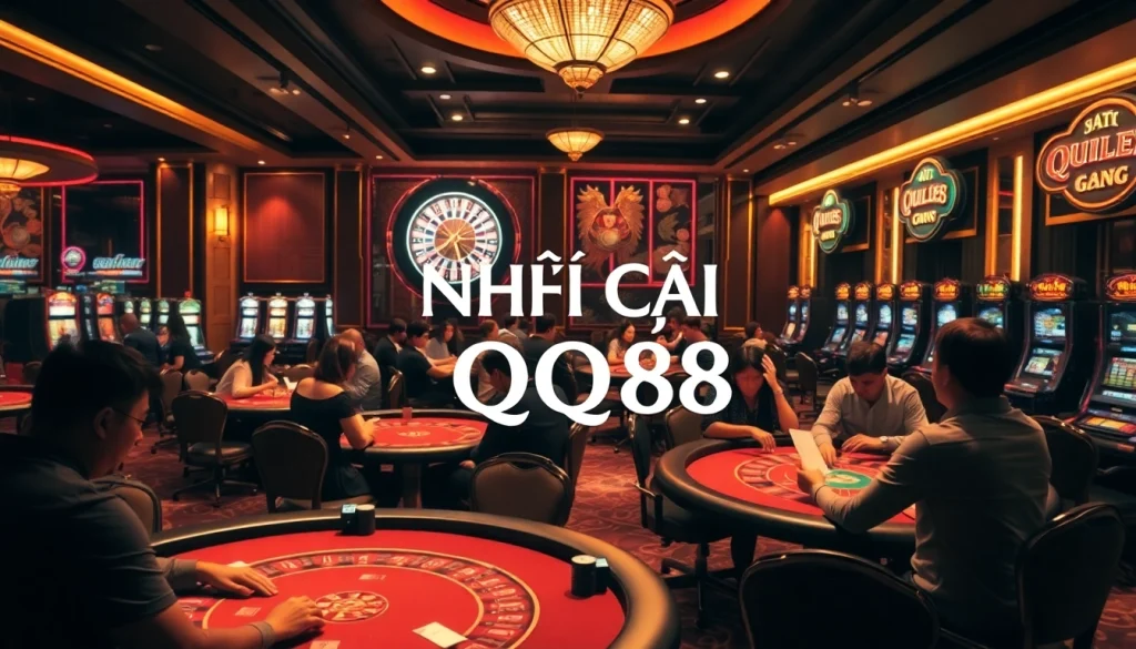 Experience the thrill of NHÀ CÁI QQ88 with intense poker gameplay surrounded by vibrant casino elements.