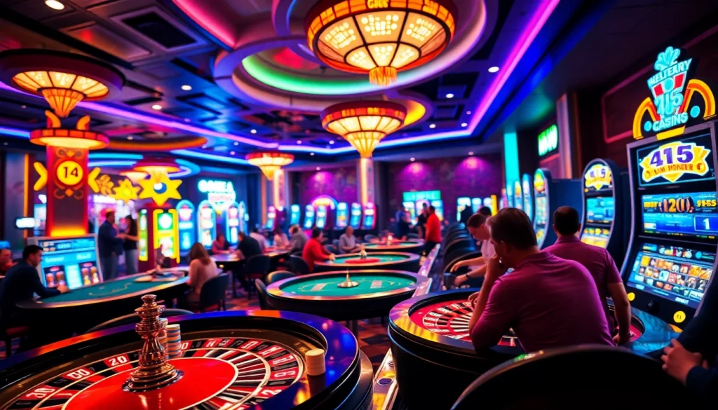 Experience the excitement of game bài đổi thưởng at bustling casino tables filled with players and vibrant slots.