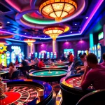 Experience the excitement of game bài đổi thưởng at bustling casino tables filled with players and vibrant slots.