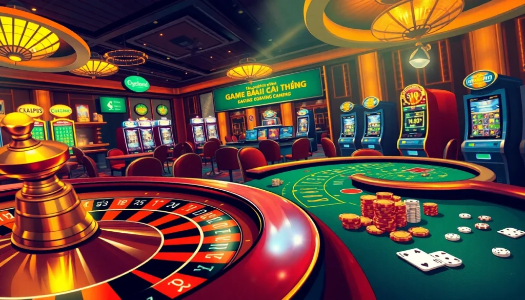 Exciting game bài đổi thưởng scene featuring players at a poker table with vibrant chips and cards.
