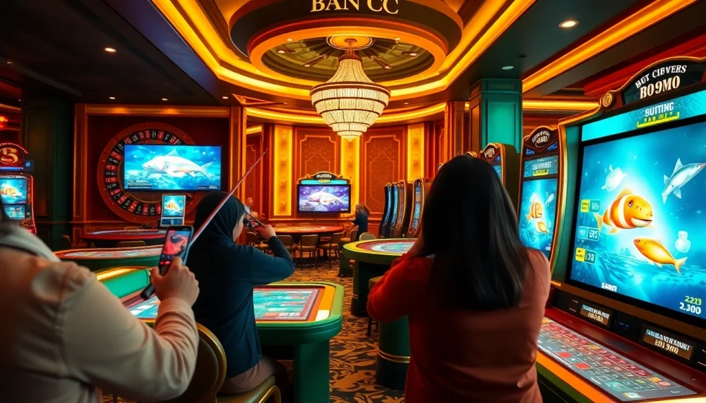 Engage in BẮN CÁ fish shooting fun at a lively casino with dynamic gaming tables and engaged players.