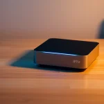 NOHU90 IPTV device demonstrating advanced features with a sleek design and soft blue lighting.