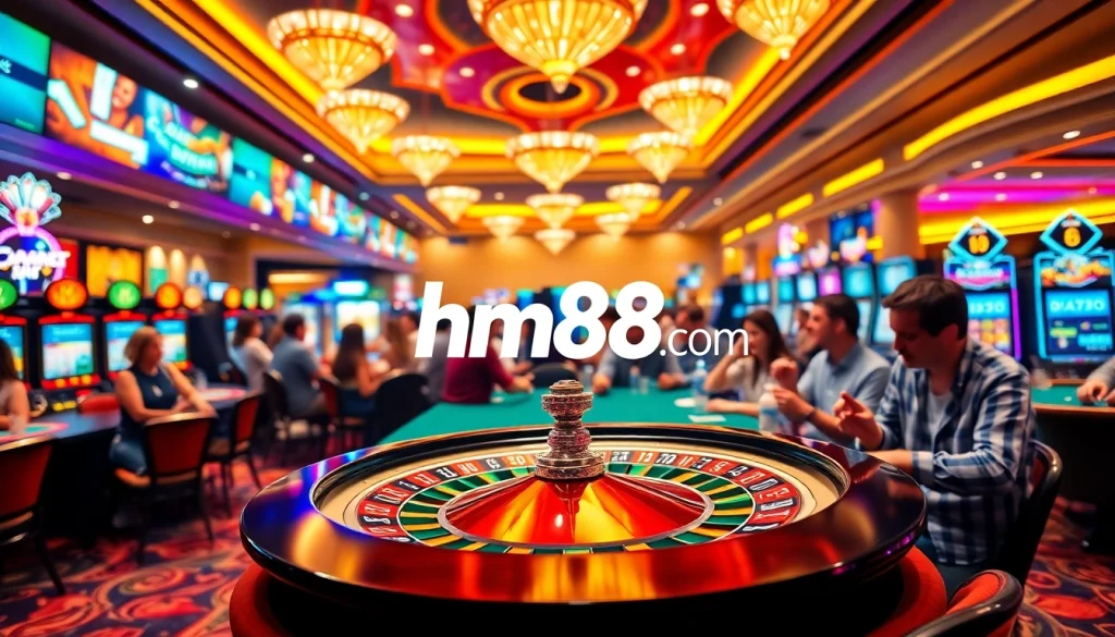Exciting casino scene featuring players at hm88.com engaged in roulette and poker.