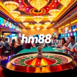 Exciting casino scene featuring players at hm88.com engaged in roulette and poker.