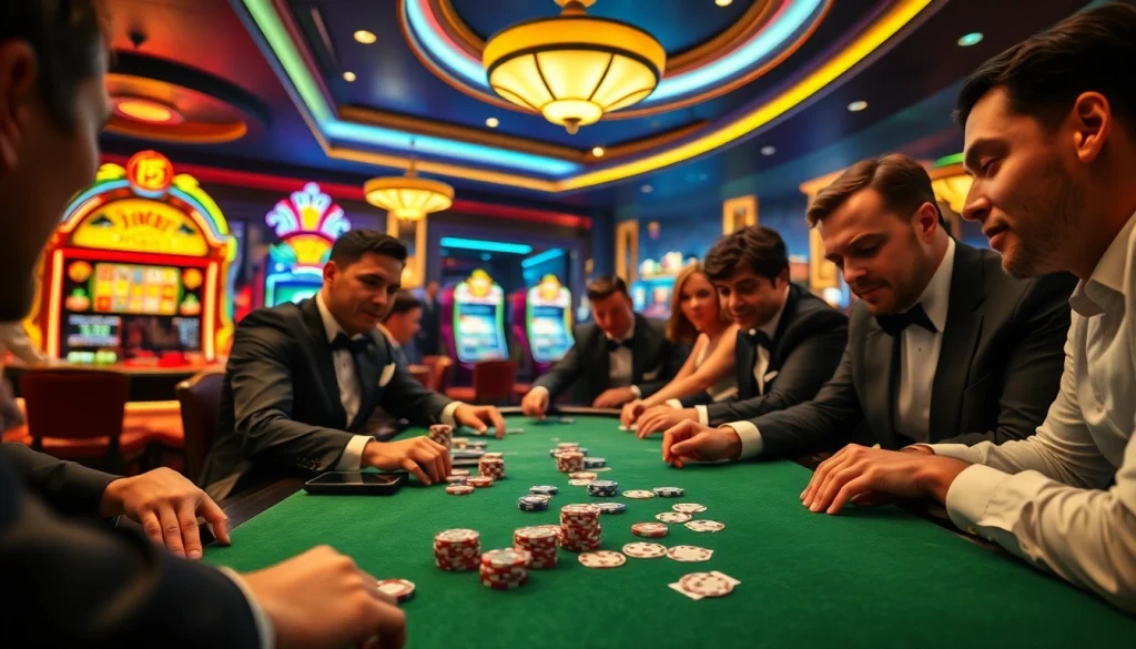 Hit club players enjoying an intense poker game amidst vibrant casino lights.
