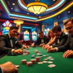 Hit club players enjoying an intense poker game amidst vibrant casino lights.
